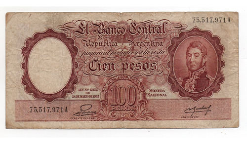 Billete Argentina 100 Pesos Moneda Nacional Bottero 2042