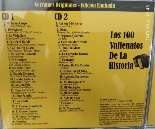 Kit De 6 Cds Originales: Los 100 Vallenatos De La Historia. (Usado)