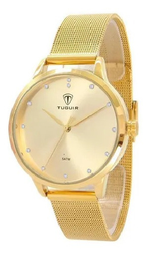 Relógio Feminino Dourado Tuguir Com Pulseira Mesh Tg152 +kit
