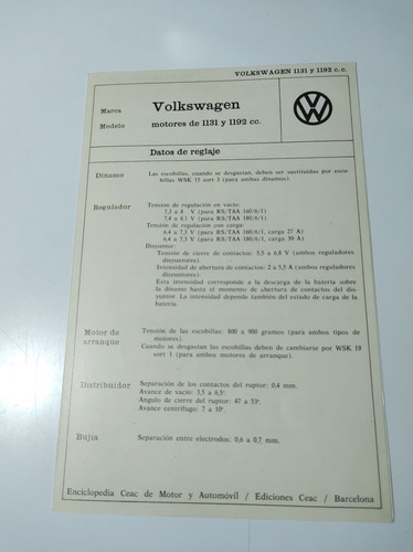 Volkswagen Motores De 1131 Y 1192 Ficha Técnica Sistema Eléc
