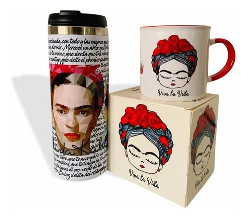 Termo + Taza Frida Kahlo, Personalizados Color Blanco