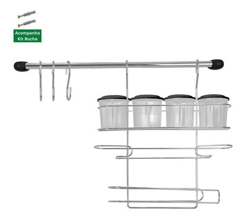 Barra Aramada 52cm Cozinha Com 3 Ganchos + Porta Condimentos Cor Preto