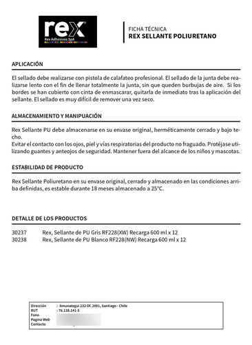 Pate Sellador Poliuretano Multiproposito Recarga 600 Ml Rex
