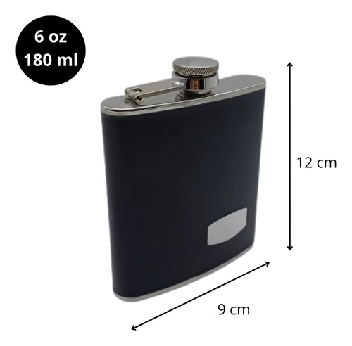 Petaca Acero Inox 6oz - Revestida Ecocuero - Chapita Grabado Negro Ecocuero - Chapita Para Grabado