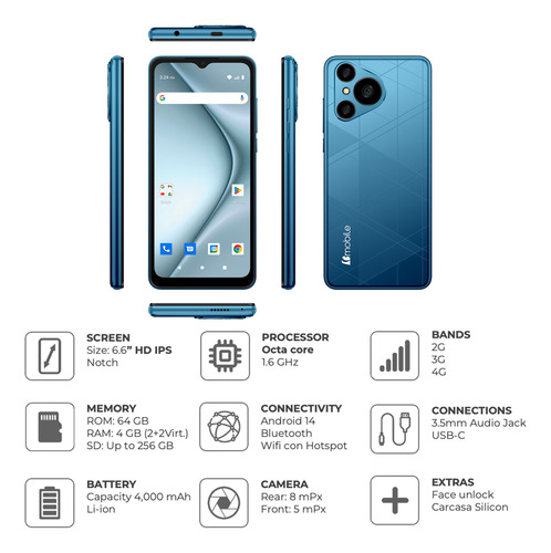 Celular Desbloqueado Android 64gb 4gb Ram (2gb + 2 Gb Dinamica) Octacore 1.6 Ghz Red 4g Lte Pantalla 6.6 Notch Funda Soporta Juegos Desbloqueo Facial Azul