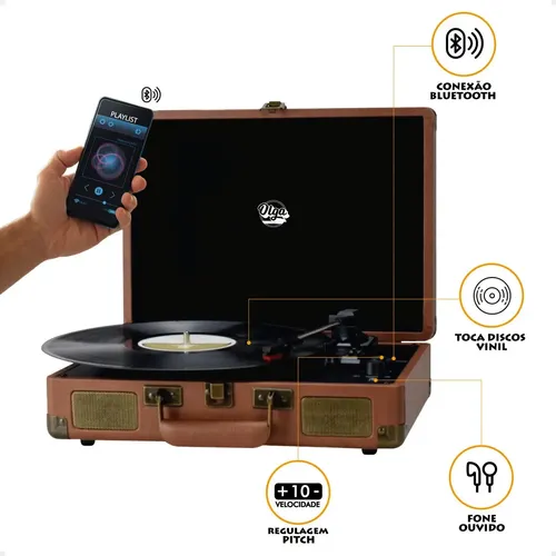 Vitrola Maleta Retro Portátil Olga Som Vintage Marrom Bluetooth