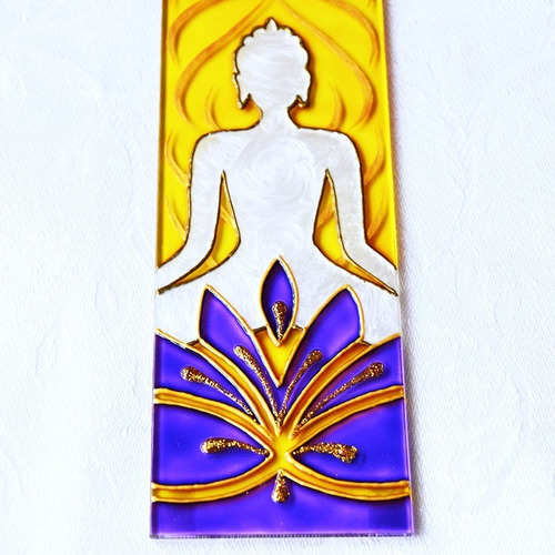 Incensário Buda Amarelo E Violeta Retangular, Pintura Vitral