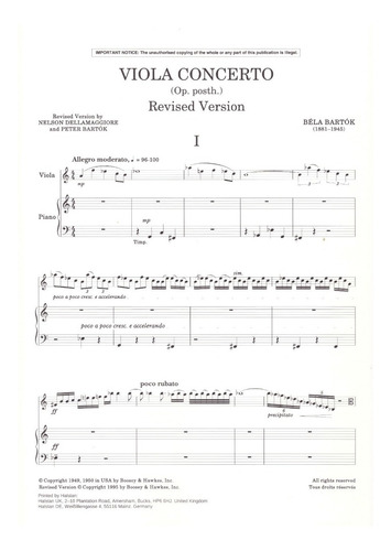 B. Bartok: Viola Concerto (op. Posth.) For Viola & Piano Red
