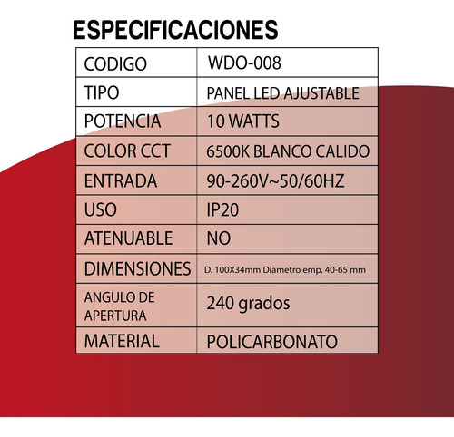 Panel Led Redondo Empotrable Ajustable 8w 90-260vca Policarb