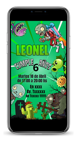 Invitacion Tarjeta Virtual Plantas Vs Zombies Cumpleaños