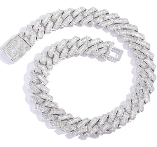 Cadena Cubana Helada 20mm 18k Oro Blanco Circonitas Baguette