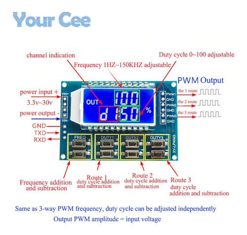 Módulo Lcd 3 Canales 1hz- 150khz Pwm Oscilador Onda Cuadrada