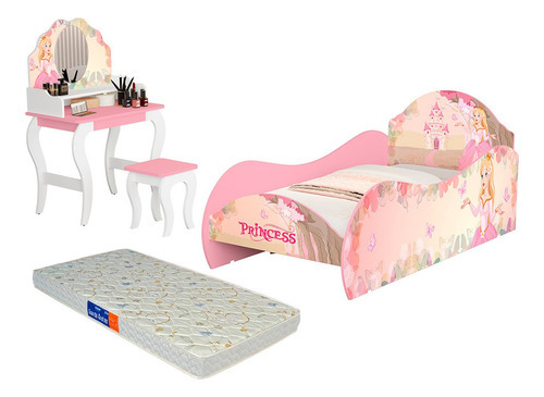 Cama, Penteadeira, Banqueta Menina Princesa + Colchão Probel Cor Rosa Encanto