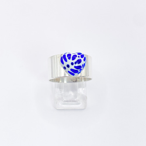 Anillo Liso Con Corazón  Pintado A Mano Estilo Talavera.925 