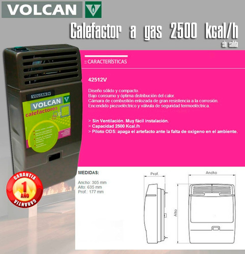 Imagen 3 de 9 de Estufa A Gas Volcan 2500kcal Sin Salida 42516