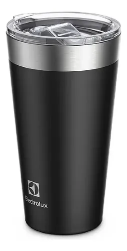 Copo Térmico Electrolux Sense de 560ml na cor preta com tampa transparente e logo da marca na base