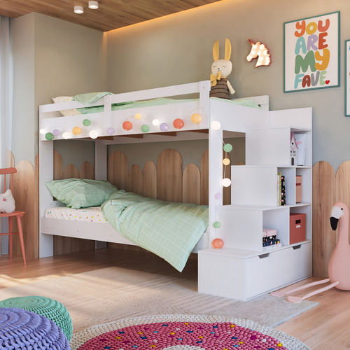 Cama Beliche Infantil Bicama Menino Menina 2,32m com Escada, Nichos e Gavetas Branca