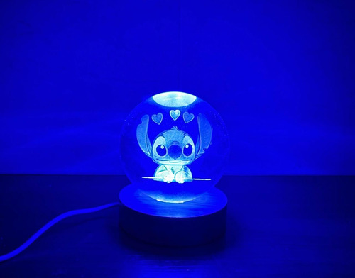 Luz De Noche Esfera De Cristal 3d Led Usb Escritorio 6cm Madera Stitch 1 Luz Azul