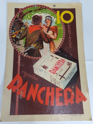 Antigua Cartel De 1927 En Carton De Cigarrilos Ranchera