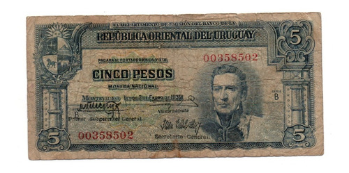 Uruguay Billete 5 Pesos Moneda Nacional Año 1939 P#36a