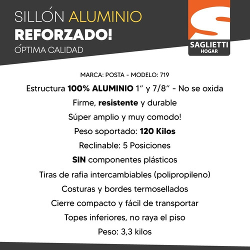 Imagen 3 de 9 de Sillon Aluminio Reforzado Cintas Rafia 5 Posiciones 120 Kg