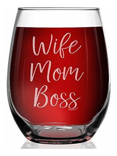 Shop4ever Wife Mom Boss Laser Engraved Stemless Wine Glass ~