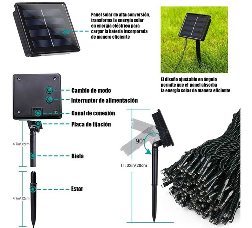 Imagen 3 de 8 de Cadena Luces Solar 12 Metros Impermeable P/ Jardin Exterior