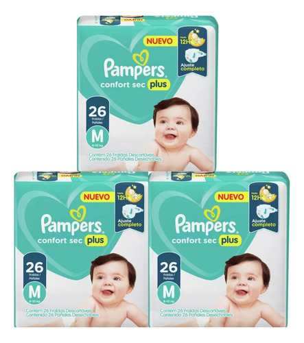 Pack X3 Pañales Pampers Confort Sec Plus 26u M 6-10kg Full