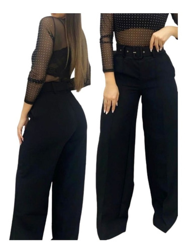 Calça Pantalona Bolso Wide Leg Social Cós Alta Flare Cinto