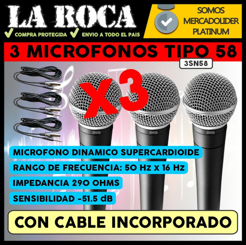 Imagen 3 de 10 de Kit 3 Microfono Parquer Sn58b Profesional Funda Cable Envio