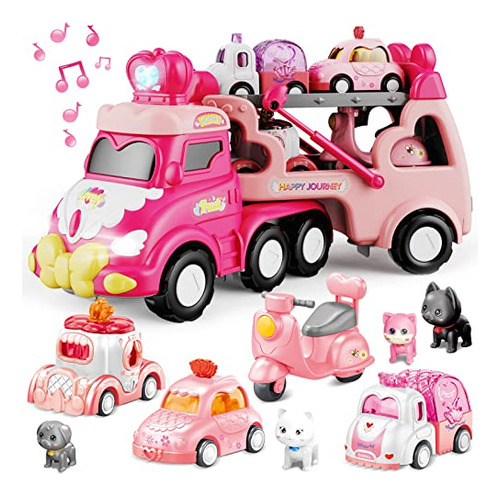 9 In 1 Carrier Truck Cars Toys For Girls Toddlers,pink ...