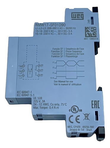 Relé Sequência De Fase 220-480v Trifásico Weg Rmw17-sf01d90