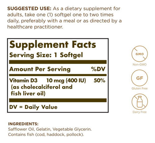 Solgar Vitamina D3 400 Ui 250 Cápsulas Blandas
