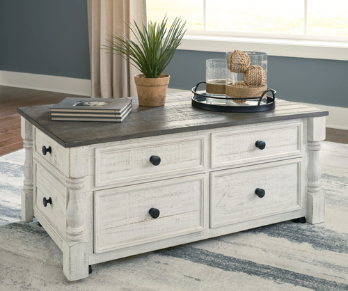Mesa Auxiliar Elevable Blanco Lavado Con 4 Cajones Y Bandeja