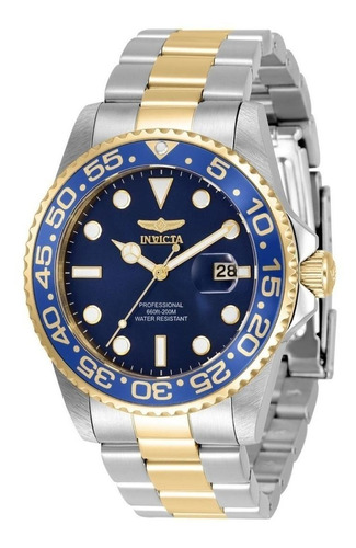 Reloj pulsera Invicta Pro Diver 33254 de cuerpo color acero y dorado, analógico, para hombre, fondo azul, con correa de acero inoxidable color acero y dorado, agujas color blanco y dorado, dial blanco, minutero/segundero blanco, bisel color azul y blanco y dorado y desplegable