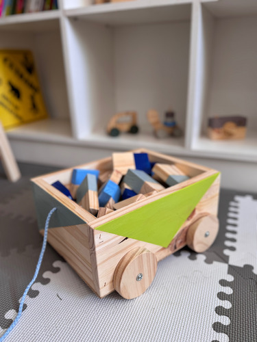 Carrito De Arrastre Con Bloques De Madera X 40 Unidades