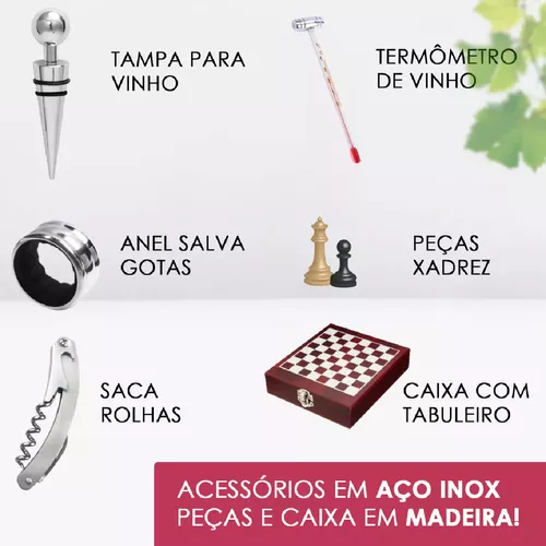 Kit Vinho Acessórios Com Tabuleiro Xadrez Madeira Presentes