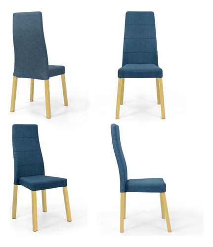 Set De Sillas Cairo X4 - Tela Poliéster Estructura De La Silla Pino Natural Asiento Azul