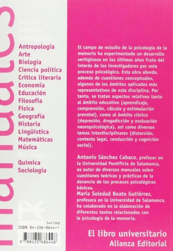 Psicología De La Memoria: Ámbitos Aplicados (el Libro Universitario - Manuales), De Sánchez Cabaco, Antonio., Vol. 1. Editorial Alianza Editorial, Tapa Pasta Blanda, Edición En Español, 2001