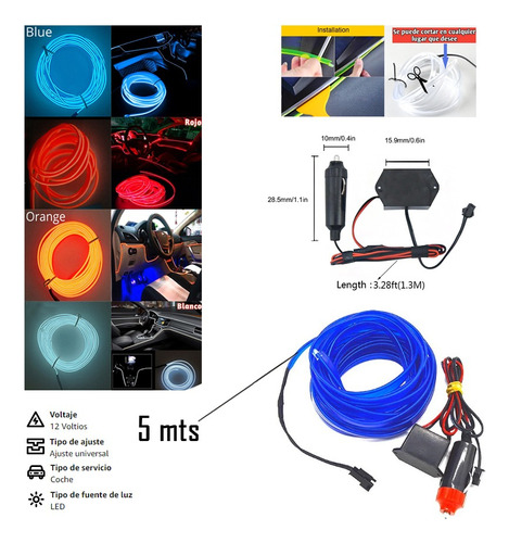 Hilo Tira Luz Neon Colores Azul O Rojo Led Auto 5m