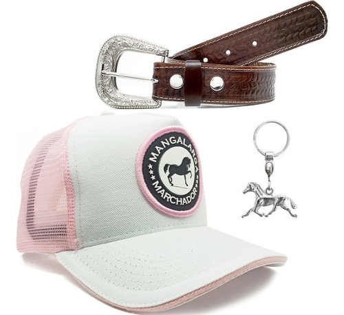 Kit Feminino Cinto Couro Country + Boné Mm + Chaveiro Cavalo