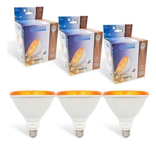 3x Lâmpada Par38 Led 15w Luz Âmbar Laranja Prova D'água