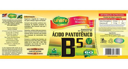 Kit 3 Vitamina B5 Ácido Pantotênico 60 Cápsulas Unilife.
