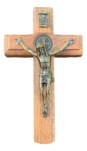 Cruz Crucifixo Medalha São Bento De Mão Madeira Maciça 12cm