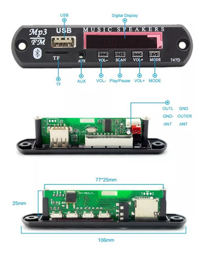 Módulo Mp3 Usb/sd/fm/aux C/ Bluetooth Con Control Remoto