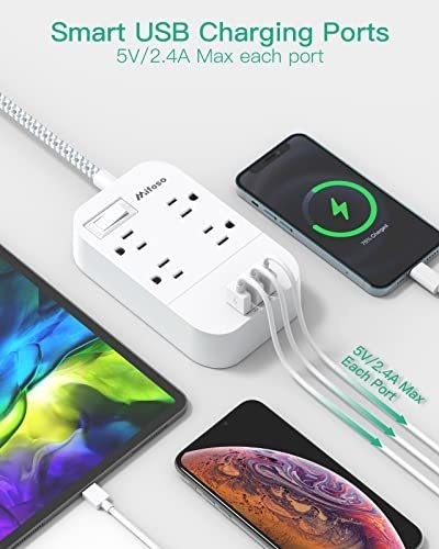 Multicontacto De 4 Tomas Y 3 Puertos Usb Color Blanco Cable