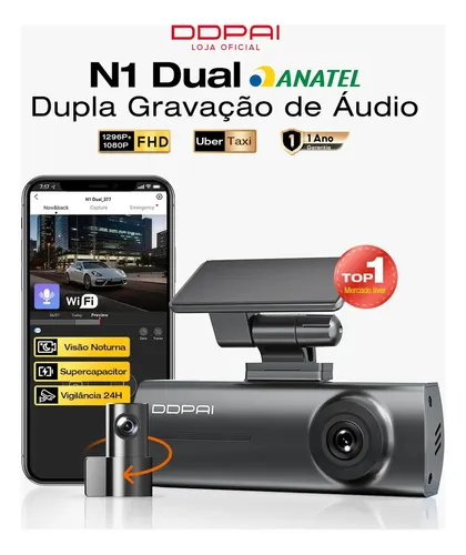 DDPAI N1 Câmera Veicular Dupla 1296P + 1080P com Wi-Fi Câmera par...