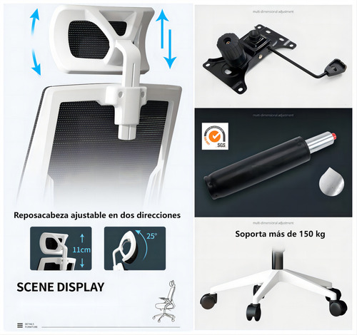 Silla De Escritorio Ergonómica Con Soporte Lumbar Y Cabeza Color Blanco/Negro Material del tapizado Algodón