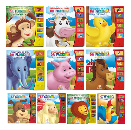 Livro Sonoro Infantil Animais Sons Musical Coleção Completa Kit 10 Un.