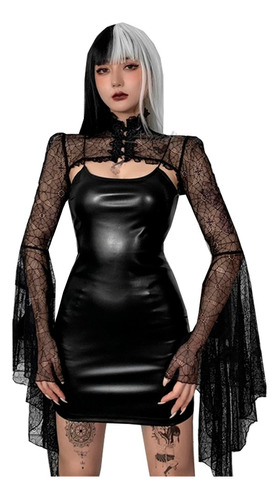 Vestido De Vinipiel Con Encaje Gotico Sexy Casual Elegante
